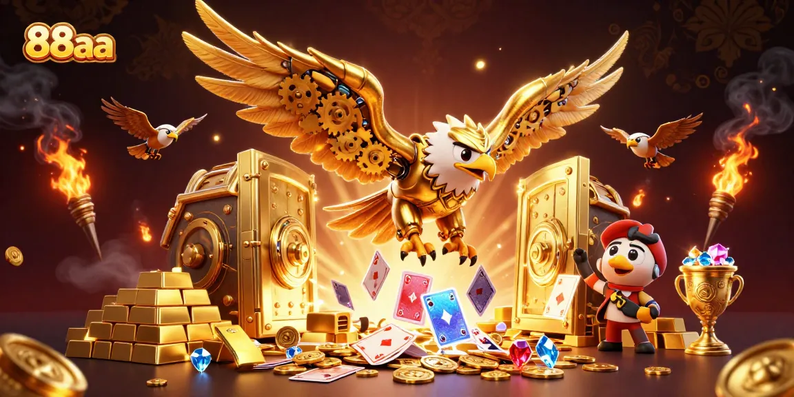 Play 88aa casino games with cybernetic eagle diving through holographic cards and treasures.