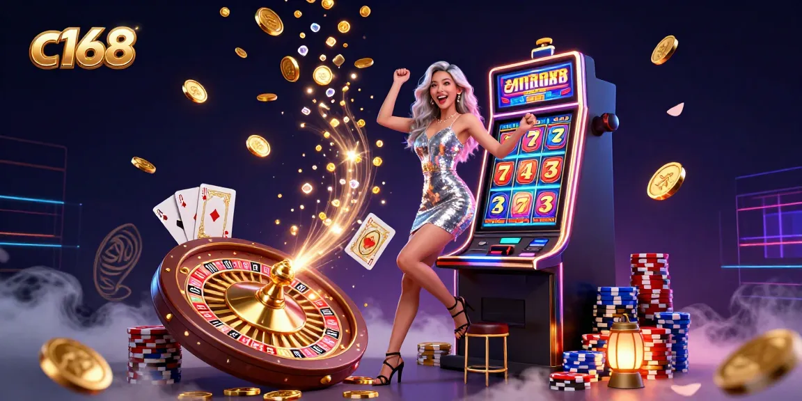 Spin the reels at c168 with a glamorous jackpot scene, complete with golden coins and vibrant casino elements.
