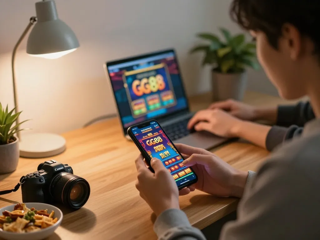 Players enjoying the GG88 casino app on their mobile devices at home, showcasing a cozy gaming atmosphere.