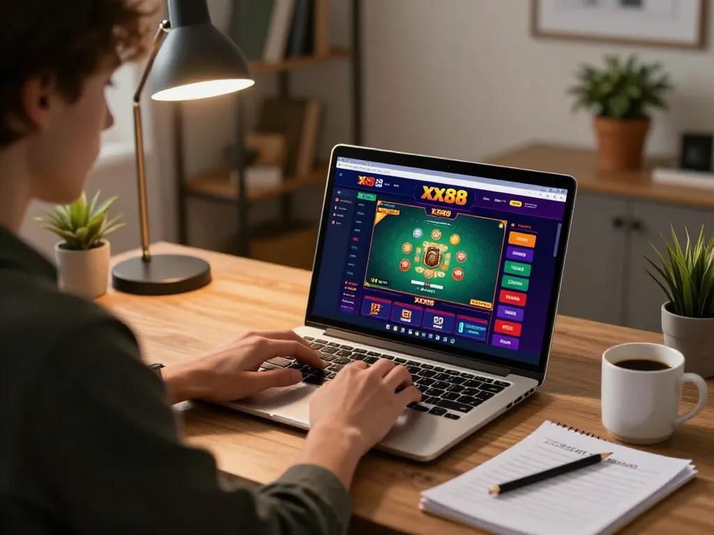 Player enjoying an intense xx88 gaming session at a modern home desk, showcasing strategy and focus.
