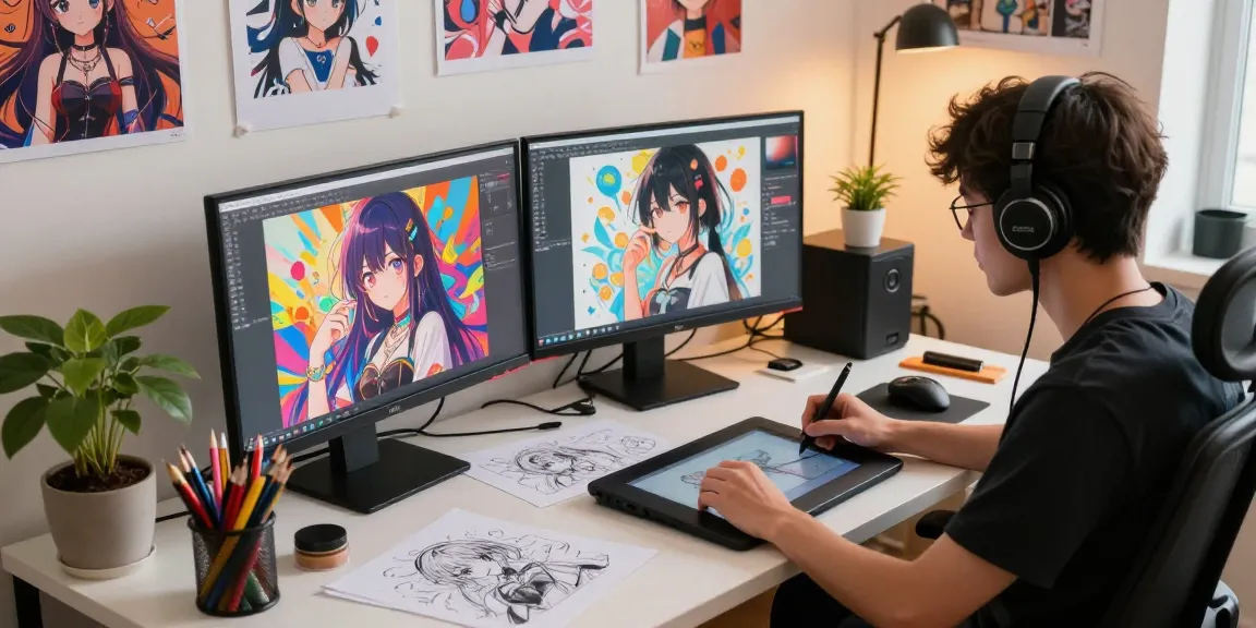AI ecchi artist creating vibrant digital illustrations in a lively studio.