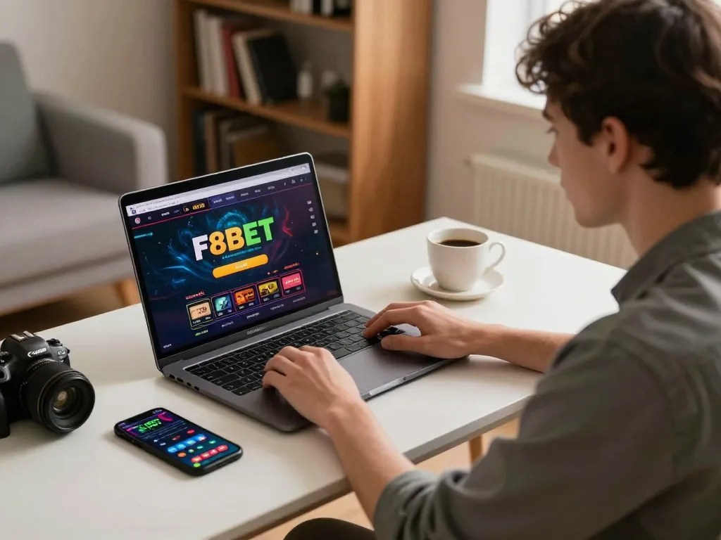 F8BET player enjoys online gaming with strategic betting on a laptop in a cozy setting