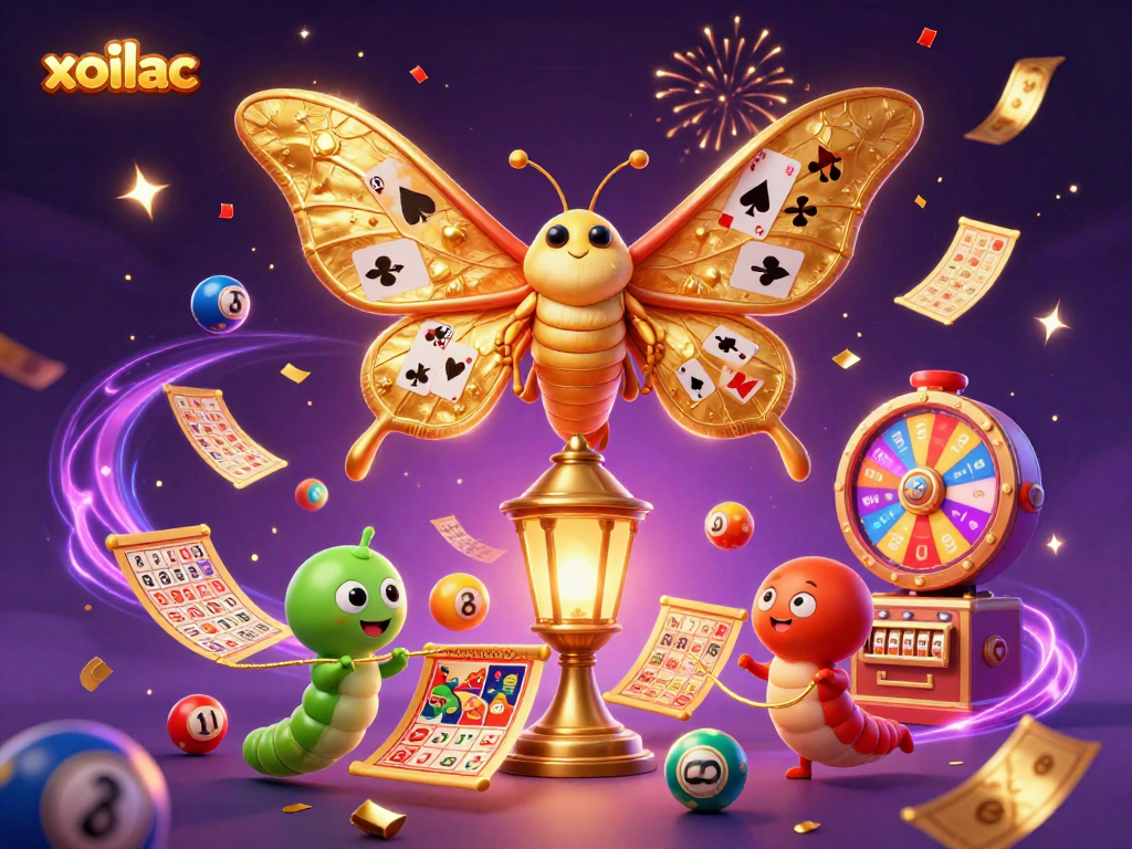 Experience the excitement of xoilac with vibrant lottery elements and a dazzling moth amidst the casino whirlwind.