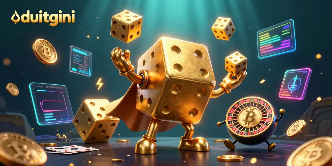 Engage with duitgini's lively casino world featuring a golden dice golem and crypto elements.