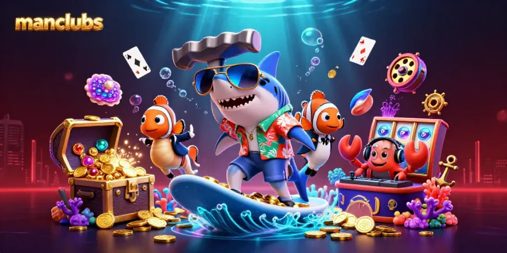 Engage in thrilling manclubs gameplay as a shark surfs on gold coins, with vibrant sea life and treasures.