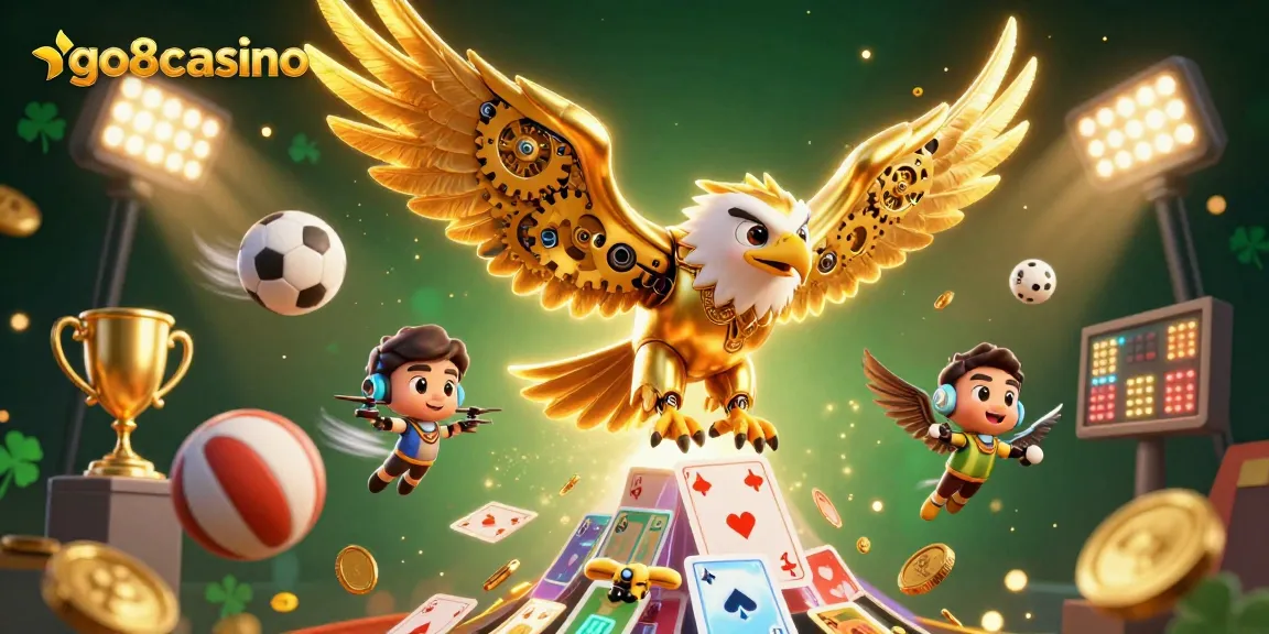Experience thrilling games at go8casino with a cybernetic eagle amidst holographic cards.