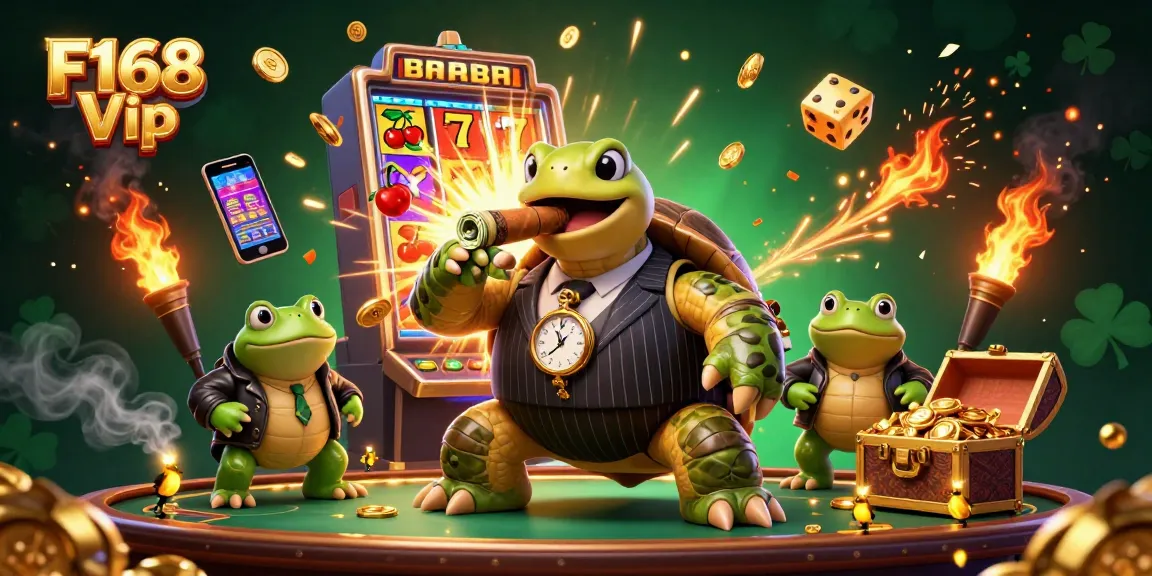 Play and win big with F168 Vip, featuring a cartoon turtle in a casino scene filled with excitement and jackpots.