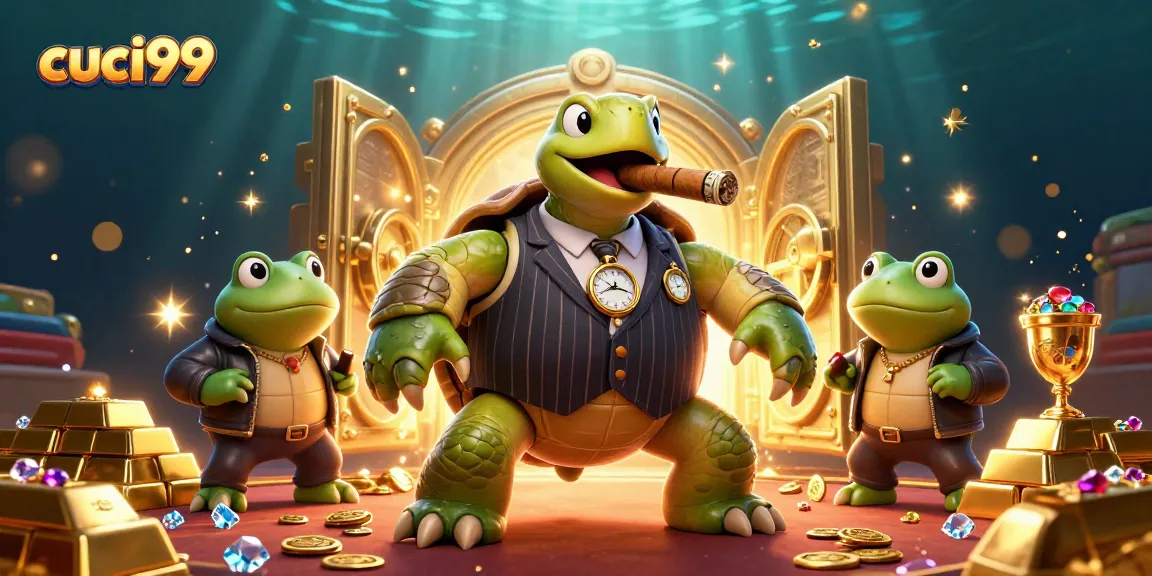 Experience the vibrant cuci99 casino scene featuring a mobster turtle and bullfrogs among treasures.