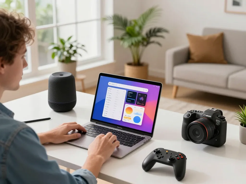 Showcasing innovative tech gadgets in a modern home office with Bluetooth devices and productivity tools.