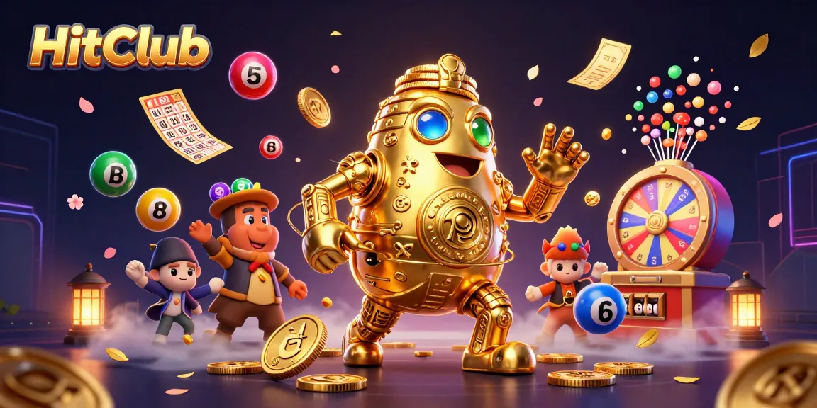 HitClub showcases a dynamic casino scene with a golden golem and vibrant lottery elements.