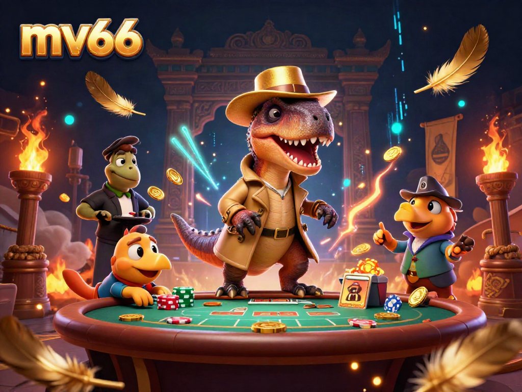Focus on the velociraptor card counter at a blackjack table, showcasing mv66 casino thrill.