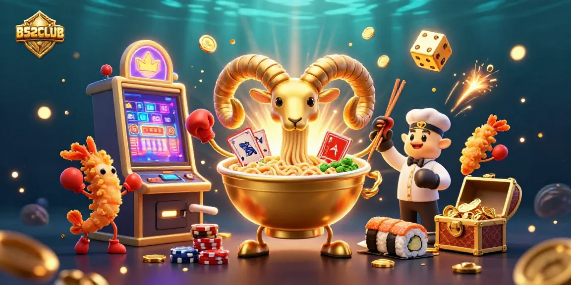 B52CLUB featuring a whimsical scene with a golden ramen bowl, gyoza, and casino elements exploding with excitement.