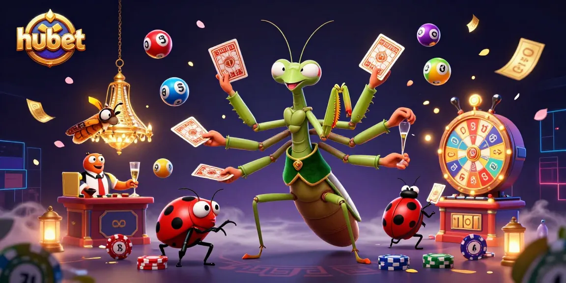 Engage in thrilling gaming actions at hubet with colorful lottery balls, a lively mantis dealer, and vibrant casino elements.