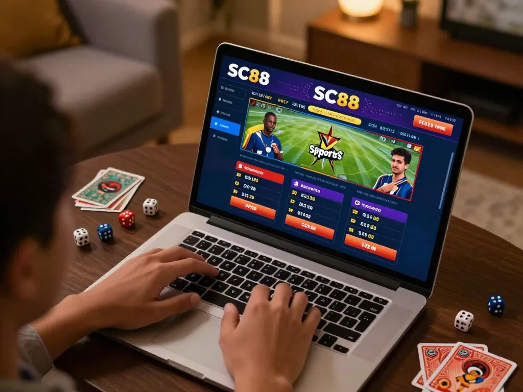 SC88 app showcasing exciting sports betting options on a laptop in cozy living room.