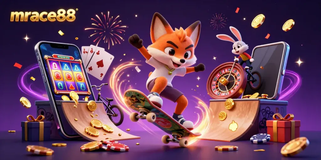 Experience the excitement of mrace88 with a vibrant 3D scene of a skateboarder fox and BMX-riding rabbit in a casino setting.