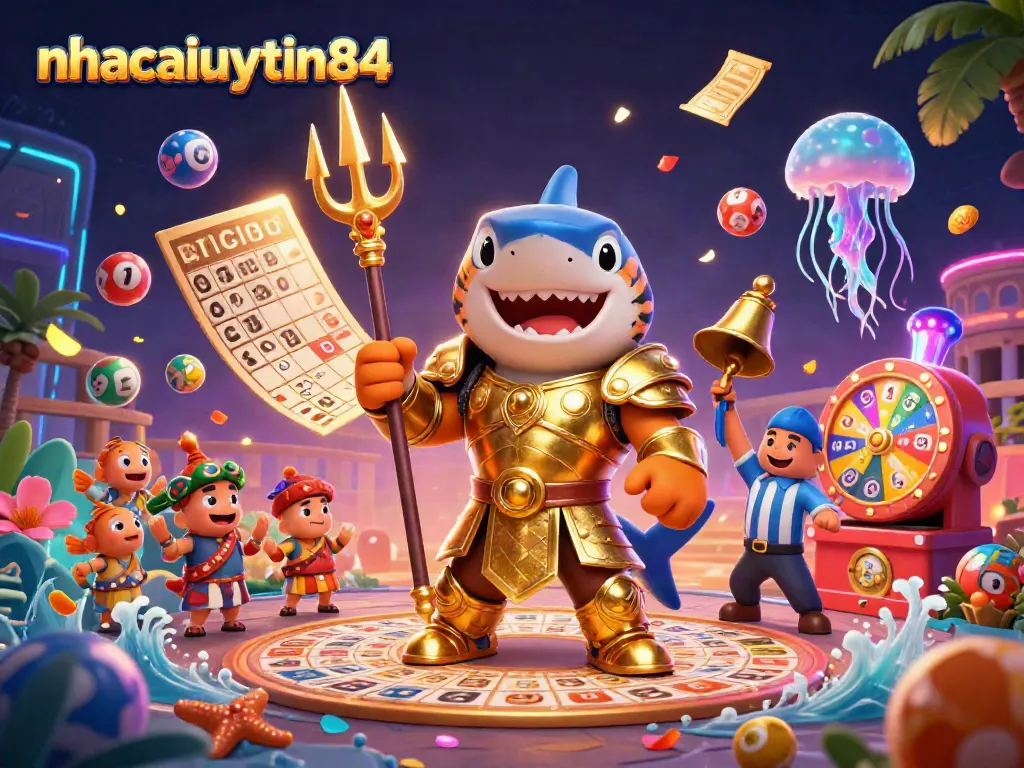Join the excitement of gaming with nhacaiuytin84 featuring a lively underwater scene with a tiger shark in gladiator armor