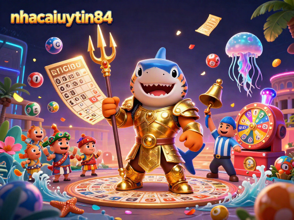 Join the excitement of gaming with nhacaiuytin84 featuring a lively underwater scene with a tiger shark in gladiator armor