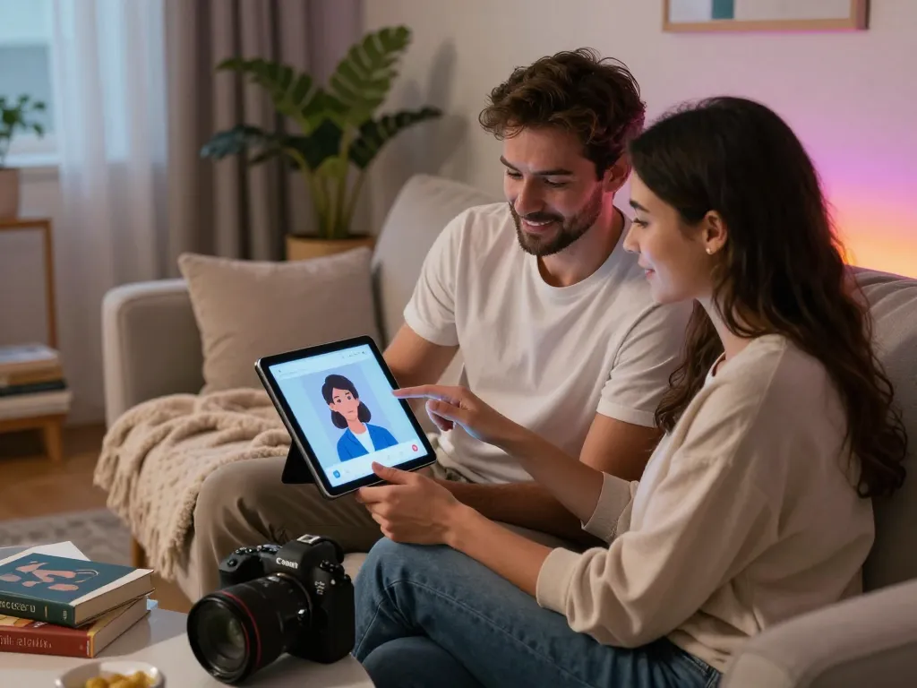Couple exploring AI sex connection tools in a modern living room.