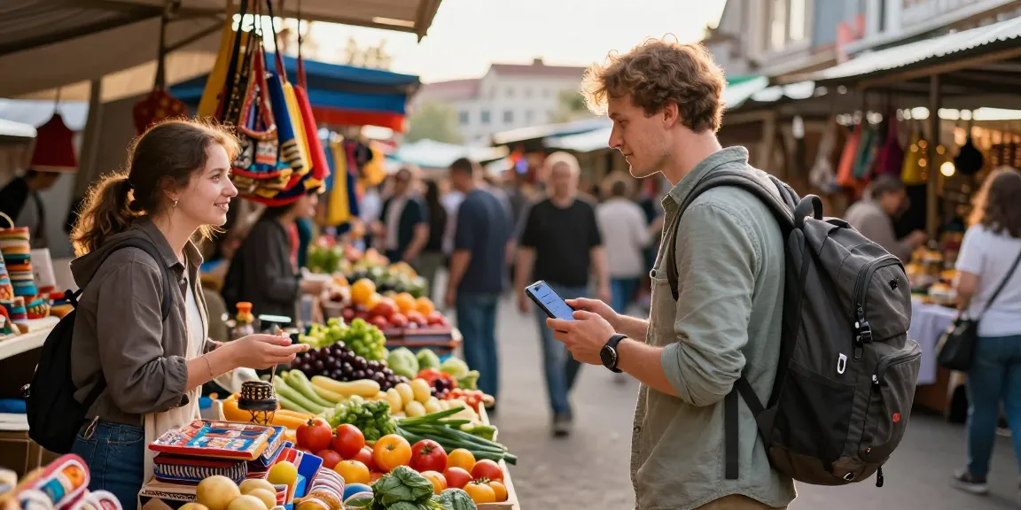 Pengembara menggunakan https://payinrussia.com/ untuk pembayaran di pasar Rusia yang meriah.
