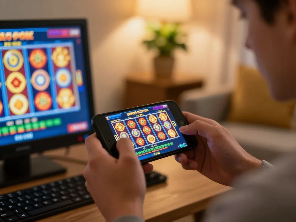 Engaging smartphone gameplay featuring Pragmaticplay slots during an online casino night at home.