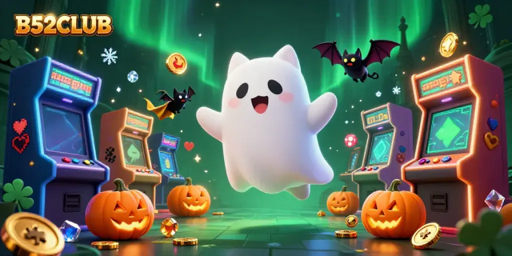 B52CLUB cat ghost in a haunted casino, surrounded by games and glowing pumpkins.