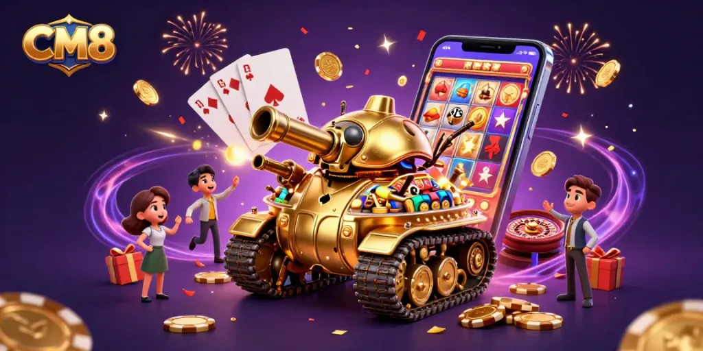 Engage in CM8-themed casino fun with a vibrant 3D illustration showcasing jackpots, slots, and confetti.