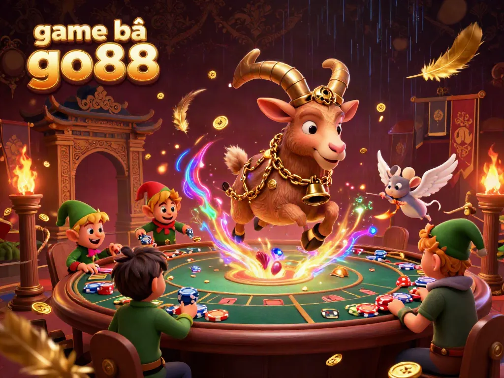 Engage in thrilling game bài go88 action as Krampus goat runs a vibrant casino with elf gremlins stealing chips.