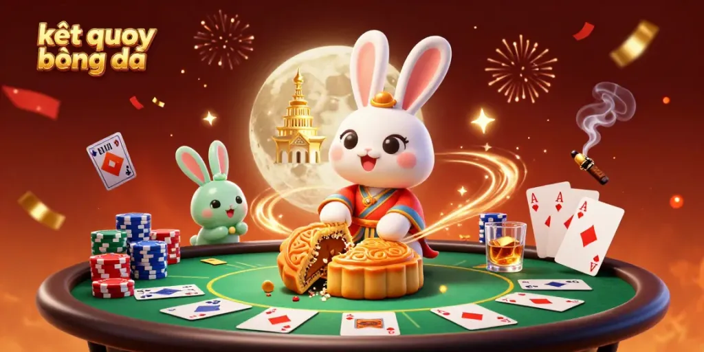 Engaging scene of kết quả bóng đá with poker chips revealed from mooncakes on the lunar surface, showcasing excitement.