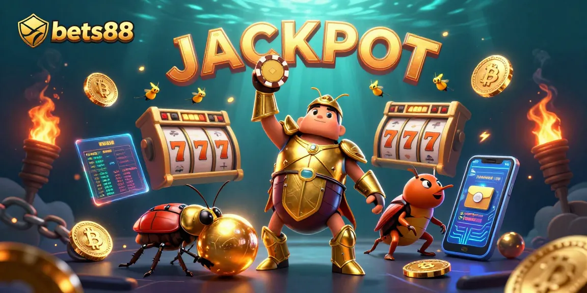 Play big at bets88 with a victorious beetle hero lifting a poker chip amidst slot machines.