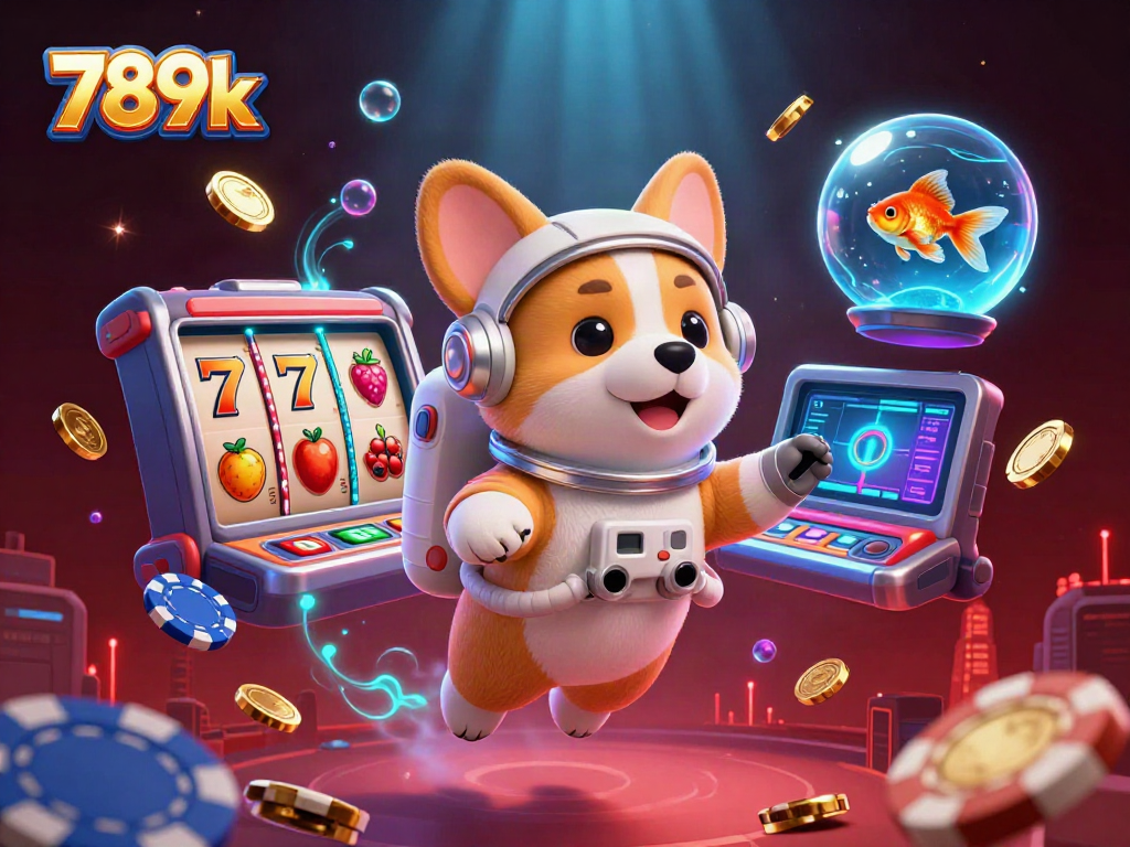 Experience the excitement at 789k with a floating corgi and vibrant casino elements in a cosmic setting.