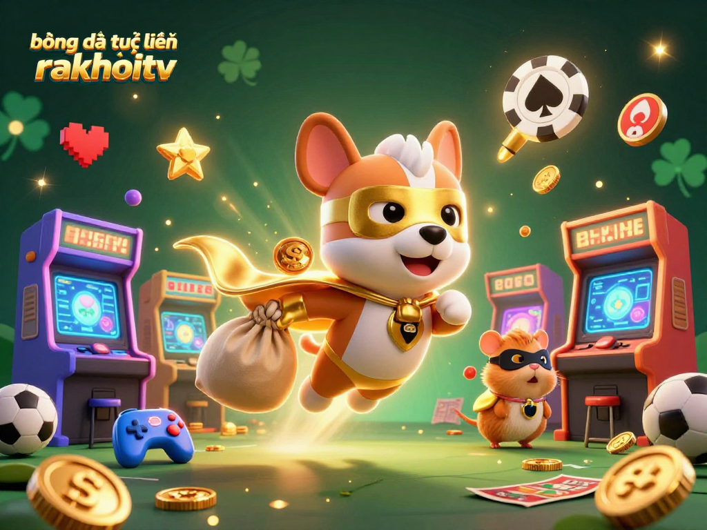 bóng đá trực tuyến rakhoitv features a playful superhero dog and hamster amidst vibrant sports betting elements.