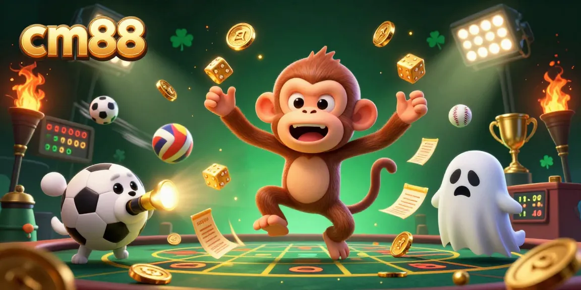 Experience excitement with cm88 in a dynamic haunted casino scene featuring a playful monkey juggling golden items.