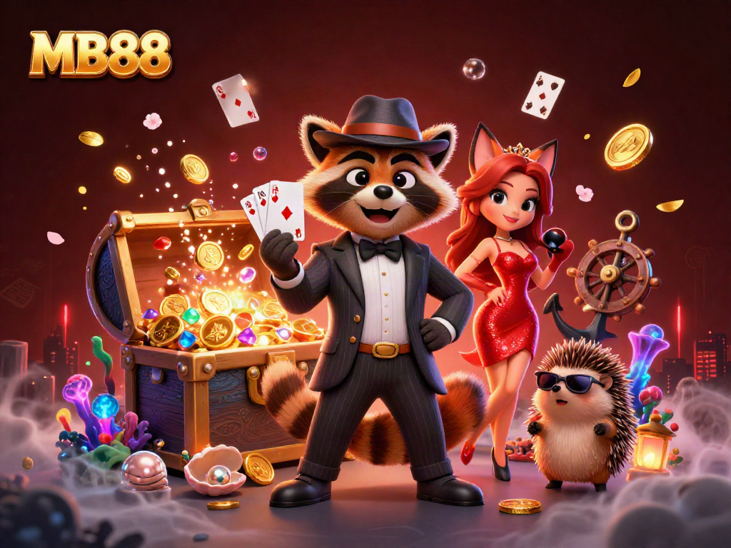 Experience excitement at MB88 with a raccoon holding a royal flush amid vibrant casino treasures.