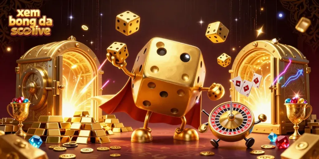 Experience premium viewing of xem bong da socolive with a lively 3D illustration showcasing unique gaming characters and treasures.