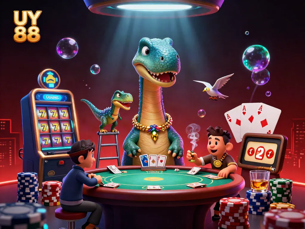 Experience the excitement of UY 88 with a whimsical dinosaur-themed casino scene full of vibrant slots and poker.