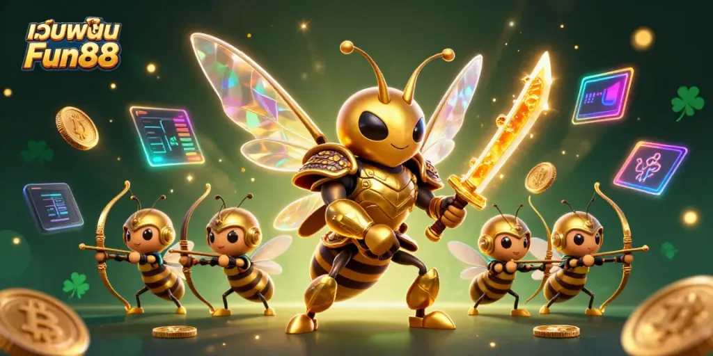 Experience เว็บพนัน Fun88 with dynamic gaming elements and vibrant 3D illustration showcasing excitement and strategy.
