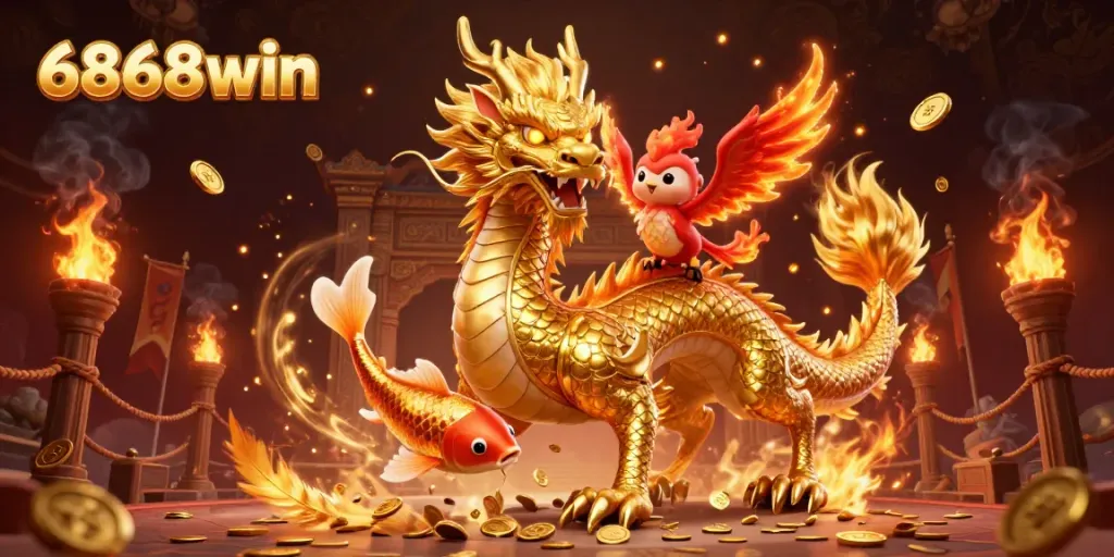 Engage with the captivating casino atmosphere of 6868win featuring a golden dragon and phoenix.