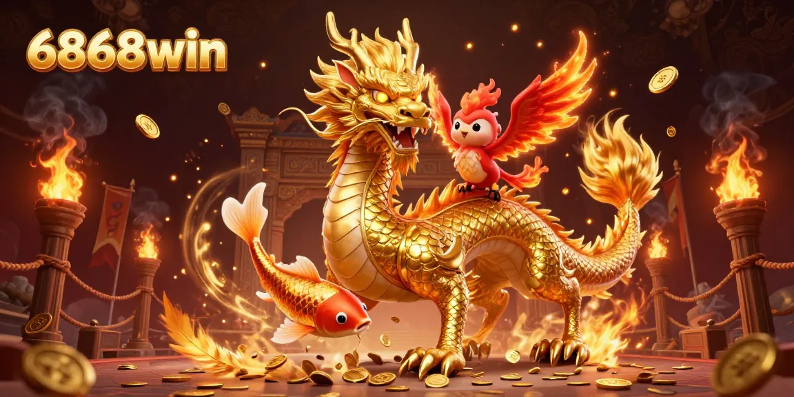 Engage with the captivating casino atmosphere of 6868win featuring a golden dragon and phoenix.