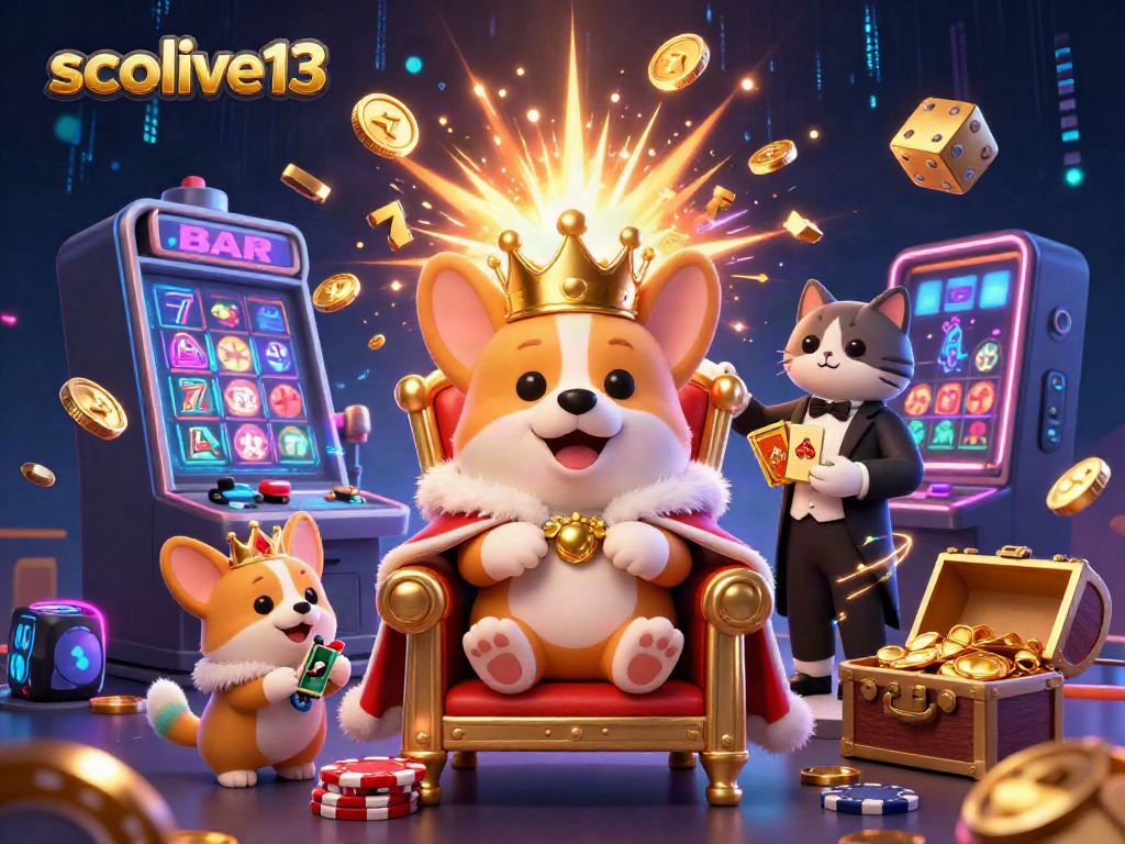 Socolive13 highlights a royal corgi on a poker chip throne, surrounded by casino bursts.