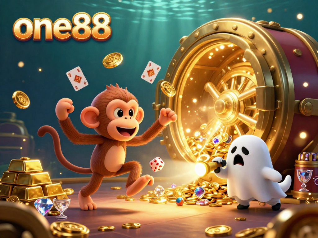 Engage with dynamic casino fun at one88 featuring a mischievous monkey and a curious puppy in a vibrant scene.