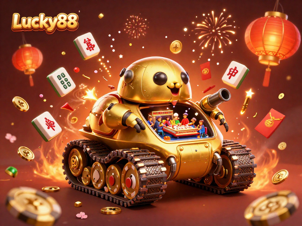 Experience the excitement of Lucky88 with a vibrant 3D casino scene filled with gold and celebration.