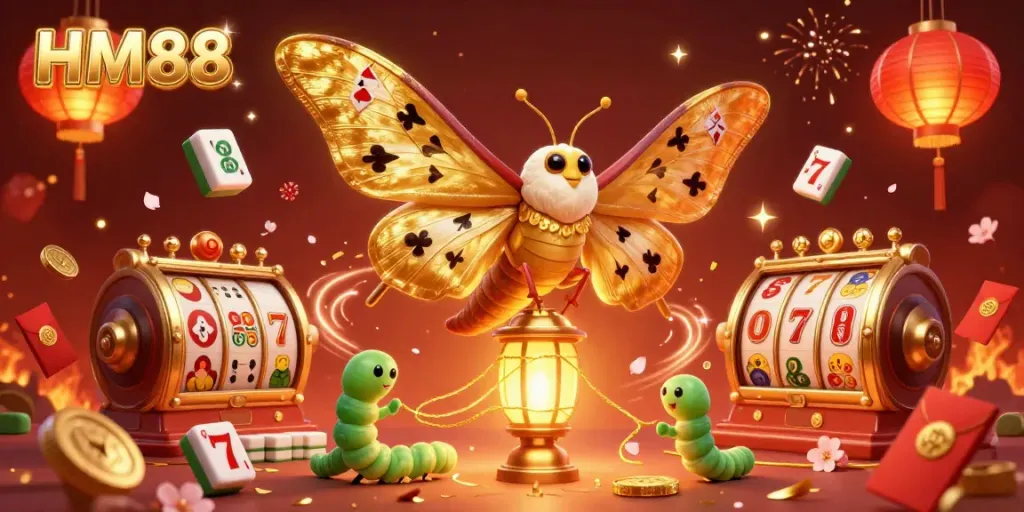 Experience vibrant casino excitement with HM88's dazzling 3D gaming illustration featuring moths and golden reels.