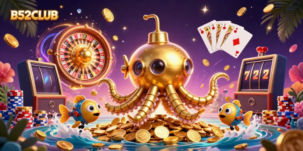 Engage with B52CLUB's dazzling 3D scene of a golden kraken submarine amidst casino-themed elements.