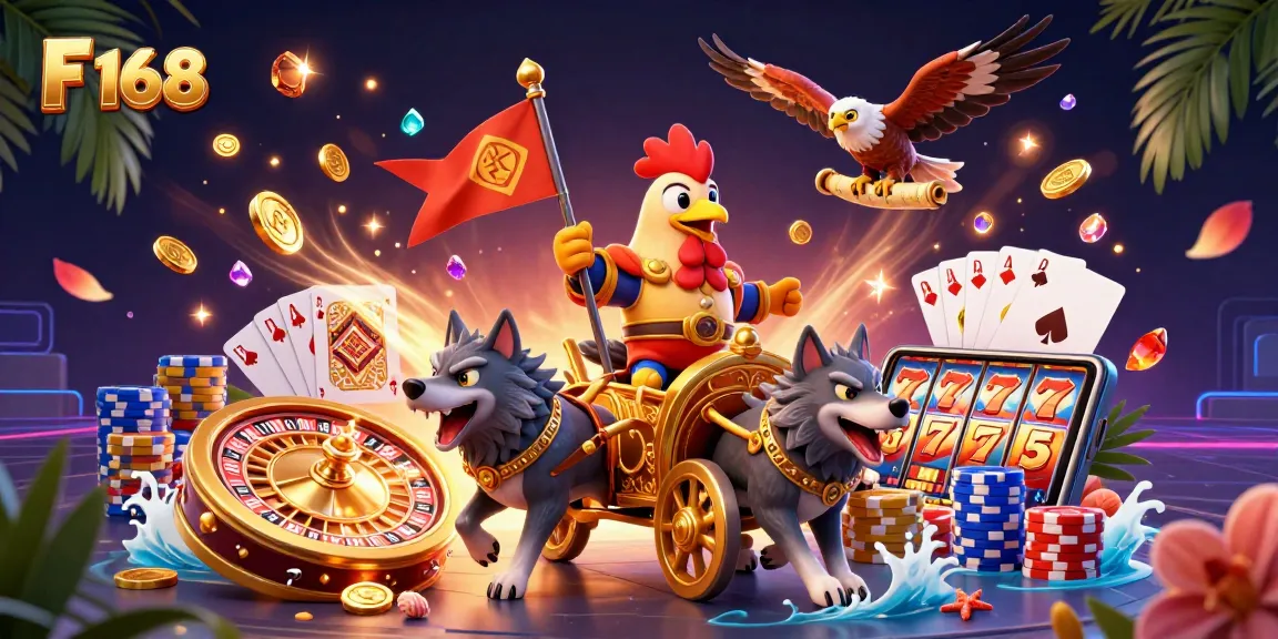 Experience the thrill of F 168 with colorful casino elements in an action-packed gaming illustration.