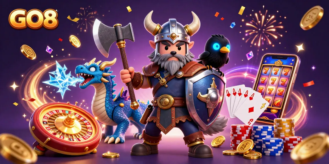 Join the excitement at GO8 as you spin winning slots and stack vibrant poker chips in this thrilling scene.