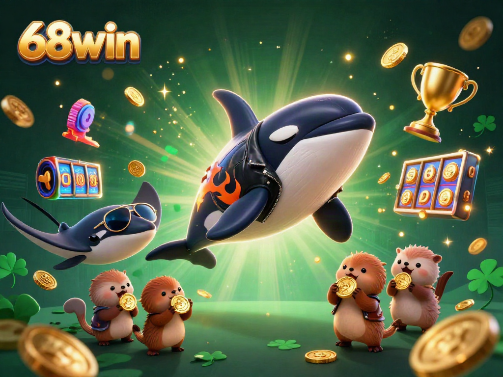 Play exciting games with 68win, featuring an orca in a stylish biker outfit amid casino elements and golden coins.