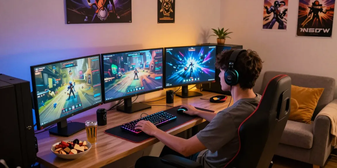 Engaging nsfw game scene in a cozy gaming room with vibrant displays.