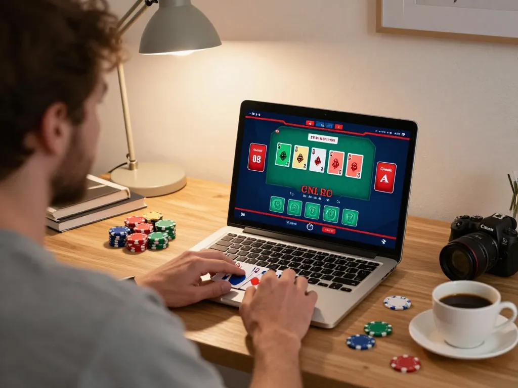 Player enjoying online poker on RR88 from stylish home office, showcasing strategic gameplay and cozy atmosphere