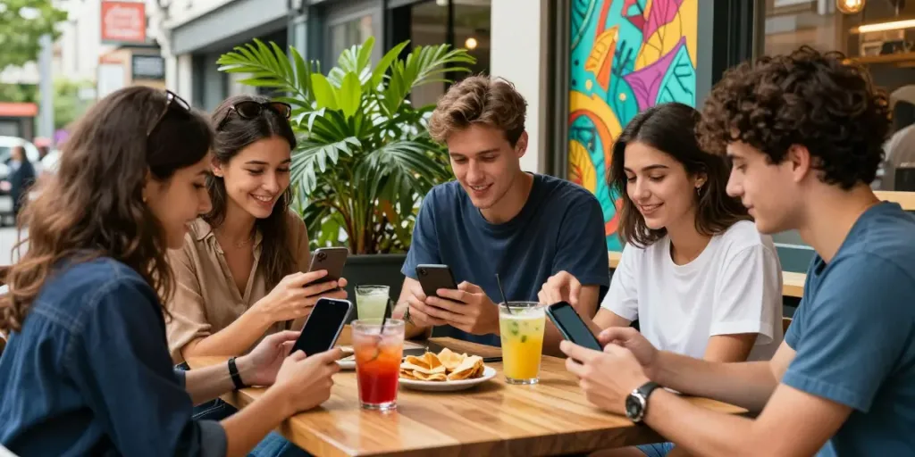 Kelompok teman menikmati waktu di kafe trendy dengan suasana ceria dan makanan ringan, menunjukkan gaya hidup rokok88 yang menarik.
