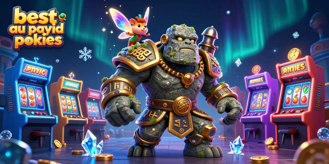 Experience the best AU PayID pokies with a colorful, enchanting casino scene featuring a golem guardian and playful elements.